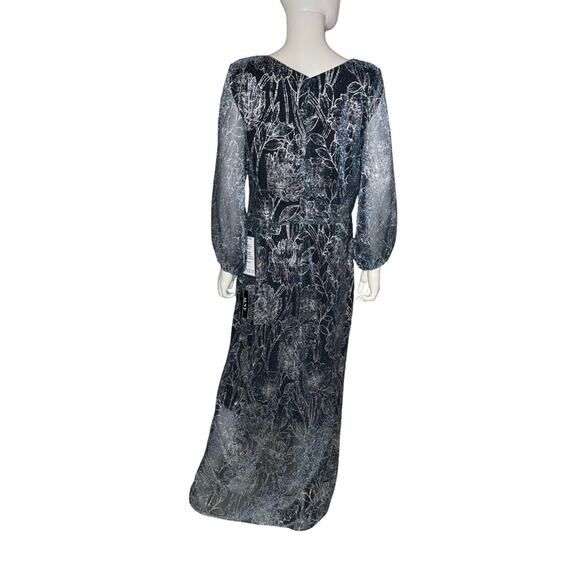 SL Fashions Metallic Print Blouson-Sleeve High-Low Gown Teal Silver Sz 18 - Picture 5 of 9